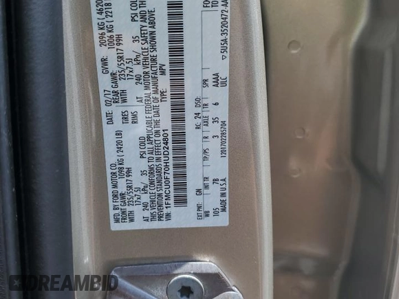 2017 Ford Escape S with VIN 1FMCU0F70HUD24801, listed as a Copart auction lot 59101215 with 53,718 mi miles and Salvage title. Bid and sale history available at DreamBid. Image 13.