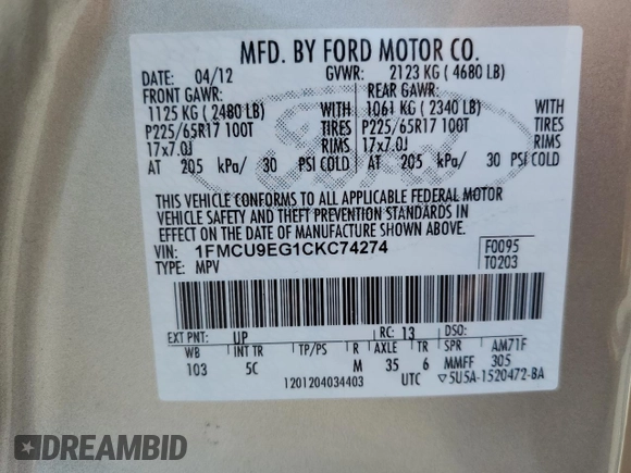 2012 Ford Escape Limited с VIN 1FMCU9EG1CKC74274, выставлен на аукционе Copart как лот 53585165 с пробегом 127 564 миль миль и На запчасти • Non repairable. История ставок и продаж доступна на DreamBid. Изображение 13.