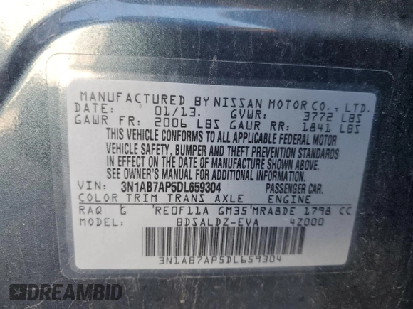 2013 Nissan Sentra S with VIN 3N1AB7AP5DL659304, listed as a Copart auction lot 52418855 with 117,475 mi miles and Salvage Title. Bid and sale history available at DreamBid. Image 12.