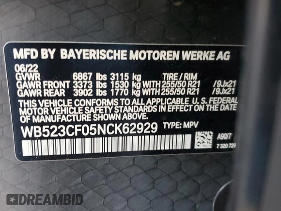 2022 BMW iX xDrive50 with VIN WB523CF05NCK62929, listed as a Copart auction lot 83295544 with 24,299 mi miles and Salvage Title. Bid and sale history available at carsss.com. Image 13.