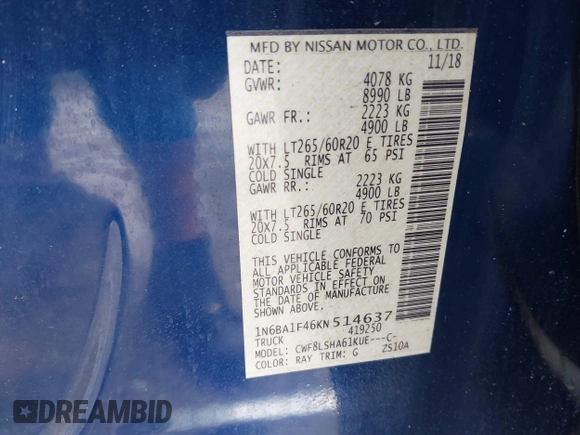 2019 Nissan Titan XD SV with VIN 1N6BA1F46KN514637, listed as a IAAI auction lot 41986617 with 123,872 mi miles. Bid and sale history available at carsss.com. Image 9.