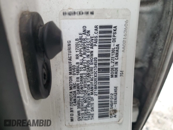 2003 Toyota Corolla CE with VIN 2T1BR32EX3C134520, listed as a Copart auction lot 45951835 with 180,663 mi miles and Salvage Title. Bid and sale history available at DreamBid. Image 14.