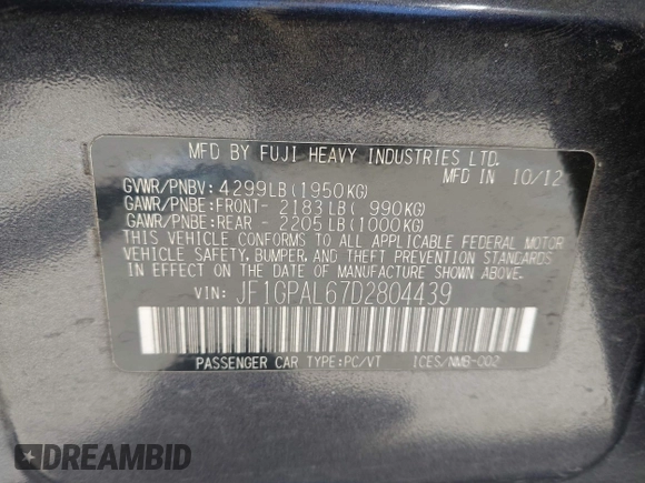 2013 Subaru Impreza Special Sports Premium с VIN JF1GPAL67D2804439, выставлен на аукционе IAAI как лот 42312954 с пробегом 148 612 миль миль и . История ставок и продаж доступна на DreamBid. Изображение 9.