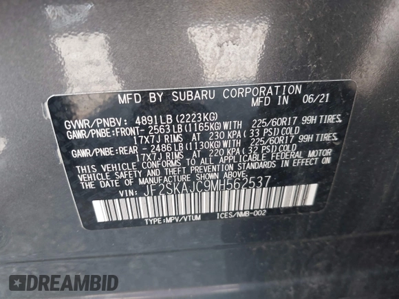 2021 Subaru Forester Premium z VIN JF2SKAJC9MH562537, wystawiony jako IAAI lot #42673896 z przebiegiem 66 819 mil mil oraz . Historia ofert i sprzedaży dostępna na DreamBid. Obrazek 9.