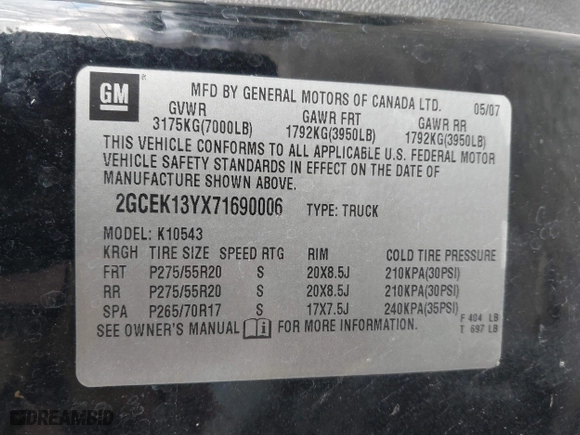 2007 Chevrolet Silverado 1500 LTZ with VIN 2GCEK13YX71690006, listed as a IAAI auction lot 41335272 with 249,949 mi miles. Bid and sale history available at carsss.com. Image 9.
