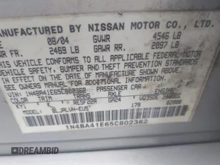 2005 Nissan Maxima SL with VIN 1N4BA41E65C802362, listed as a IAAI auction lot 41514820 with 136,132 mi miles and . Bid and sale history available at DreamBid. Image 9.