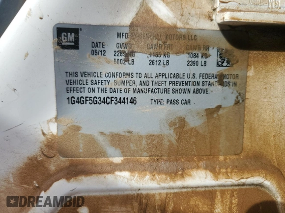 2012 Buick LaCrosse Premium 2 with VIN 1G4GF5G34CF344146, listed as a Copart auction lot 44833575 with 217,725 mi miles and Salvage Title. Bid and sale history available at carsss.com. Image 12.