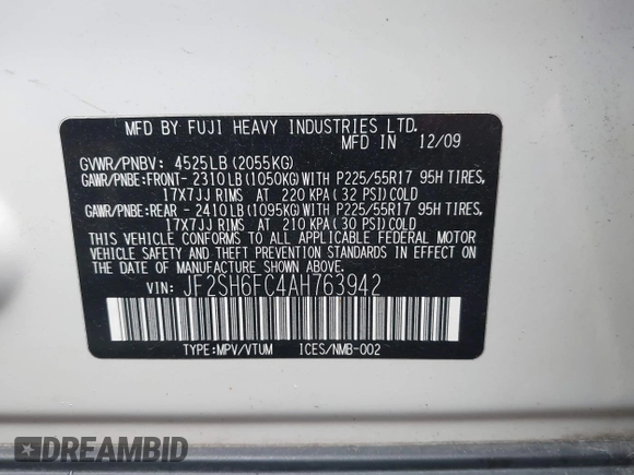 2010 Subaru Forester XT Limited с VIN JF2SH6FC4AH763942, выставлен на аукционе IAAI как лот 42332234 с пробегом 148 395 миль миль и . История ставок и продаж доступна на DreamBid. Изображение 9.