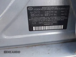2013 Hyundai Sonata Limited with VIN 5NPEC4ACXDH516663, listed as a IAAI auction lot 41768649 with 57,983 mi miles and . Bid and sale history available at carsss.com. Image 9.
