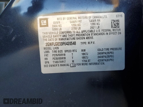 2015 Chevrolet Equinox LT with VIN 2GNFLGE33F6420548, listed as a Copart auction lot 48037995 with 125,377 mi miles and Salvage Title. Bid and sale history available at carsss.com. Image 13.