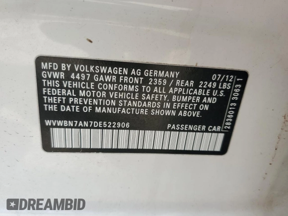 2013 Volkswagen CC Sport with VIN WVWBN7AN7DE522906, listed as a Copart auction lot 76385704 with 101,063 mi miles and Salvage Title. Bid and sale history available at DreamBid. Image 12.