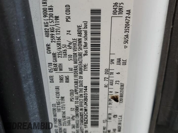 2018 Ford Transit Passenger XL with VIN 1FBZX2CM1JKB03144, listed as a Copart auction lot 60510545 with 181,060 mi miles and Salvage title. Bid and sale history available at DreamBid. Image 12.