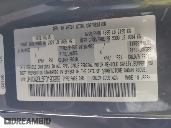 2015 Mazda Mazda5 Sport with VIN JM1CW2BL6F0190989, listed as a IAAI auction lot 41783326 with 90,505 mi miles. Bid and sale history available at carsss.com. Image 9.
