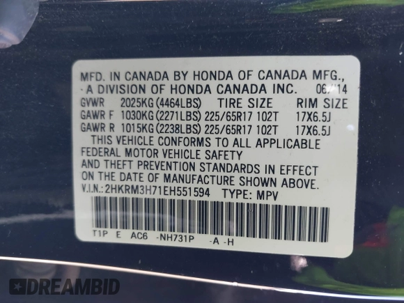 2014 Honda CR-V EX-L with VIN 2HKRM3H71EH551594, listed as a IAAI auction lot 42028963 with 117,506 mi miles and . Bid and sale history available at carsss.com. Image 9.