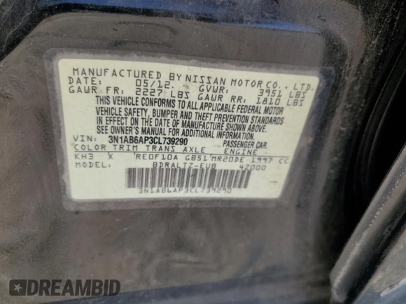 2012 Nissan Sentra SR с VIN 3N1AB6AP3CL739290, выставлен на аукционе Copart как лот 61194555 с пробегом 142 205 миль миль и Списание • Salvage title. История ставок и продаж доступна на DreamBid. Изображение 12.
