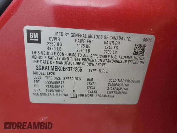 2014 GMC Terrain SLE with VIN 2GKALMEK0E6371255, listed as a Copart auction lot 56955595 with 135,475 mi miles and Salvage title. Bid and sale history available at DreamBid. Image 12.