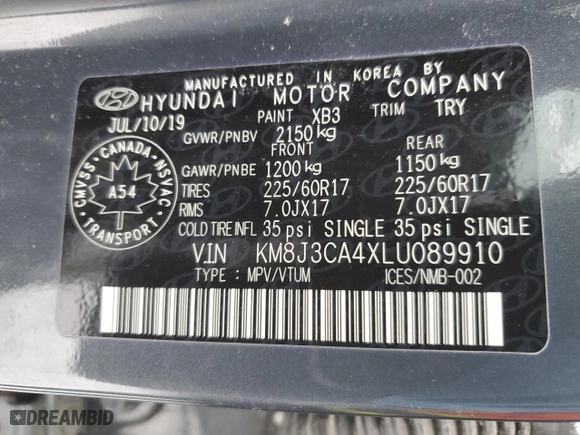 2020 Hyundai Tucson Value with VIN KM8J3CA4XLU089910, listed as a Copart auction lot 46054275 with 73,974 mi miles and Salvage Title. Bid and sale history available at carsss.com. Image 14.