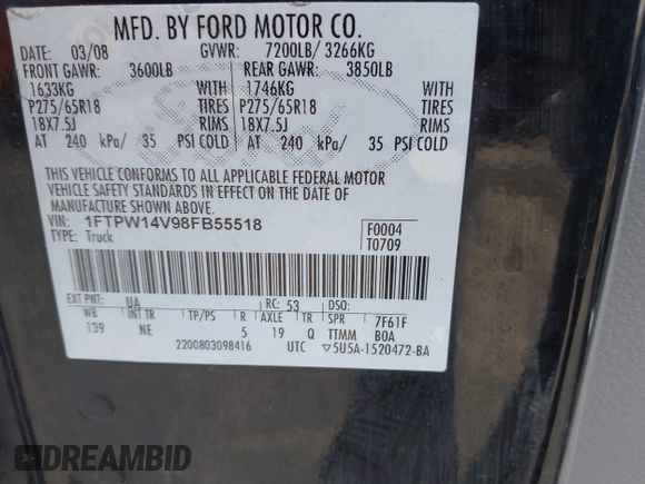 2008 Ford F-150 XLT with VIN 1FTPW14V98FB55518, listed as a IAAI auction lot 41803124 with 261,845 mi miles. Bid and sale history available at carsss.com. Image 9.