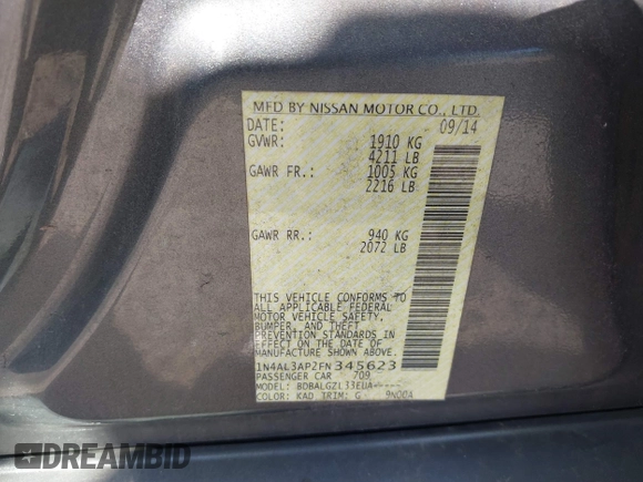 2015 Nissan Altima S with VIN 1N4AL3AP2FN345623, listed as a IAAI auction lot 41899319 with 350,211 mi miles and . Bid and sale history available at carsss.com. Image 9.