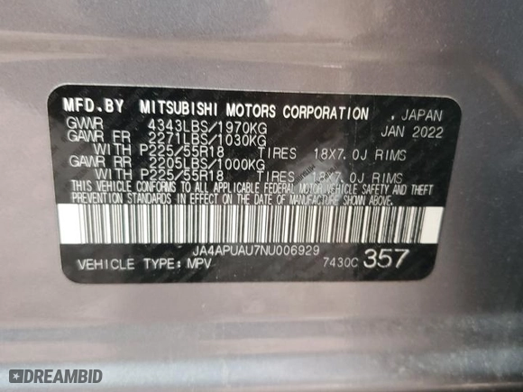 2022 Mitsubishi Outlander Sport ES with VIN JA4APUAU7NU006929, listed as a Copart auction lot 48774725 with 39,534 mi miles and Salvage Title. Bid and sale history available at carsss.com. Image 13.