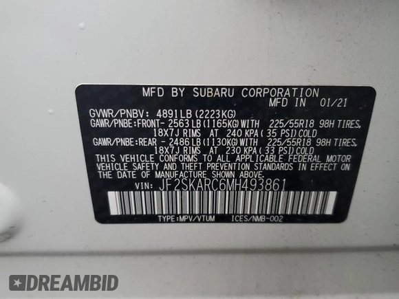 2021 Subaru Forester Special Sports с VIN JF2SKARC6MH493861, выставлен на аукционе Copart как лот 60830055 с пробегом 47 198 миль миль и Списание • Salvage title. История ставок и продаж доступна на DreamBid. Изображение 13.