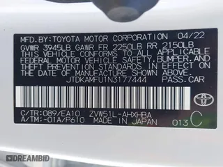 2022 Toyota Prius L Eco with VIN JTDKAMFU1N3177444, listed as a IAAI auction lot 41812402 with 44,666 mi miles. Bid and sale history available at carsss.com. Image 9.