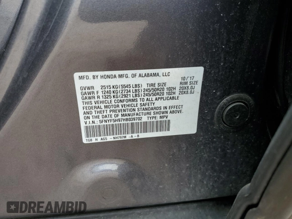 2017 Honda Pilot Touring with VIN 5FNYF5H97HB039702, listed as a Copart auction lot 54046145 with 149,050 mi miles and Salvage Title. Bid and sale history available at carsss.com. Image 14.