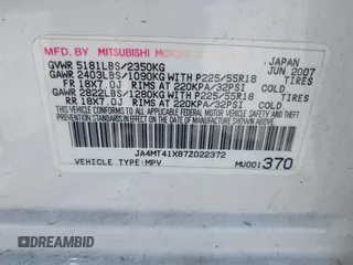 2007 Mitsubishi Outlander XLS z VIN JA4MT41X87Z022372, wystawiony jako IAAI lot #42342600 z przebiegiem 190 073 mil mil oraz . Historia ofert i sprzedaży dostępna na DreamBid. Obrazek 9.