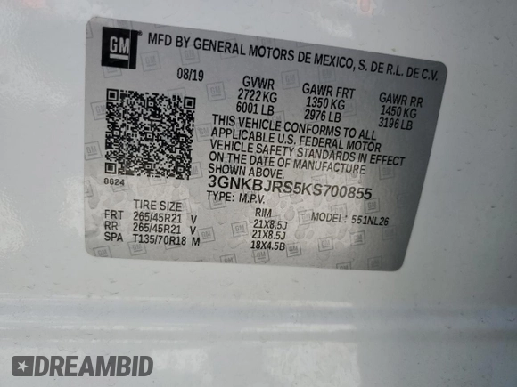 2019 Chevrolet Blazer RS with VIN 3GNKBJRS5KS700855, listed as a Copart auction lot 52548305 with 66,540 mi miles and Salvage title. Bid and sale history available at DreamBid. Image 12.