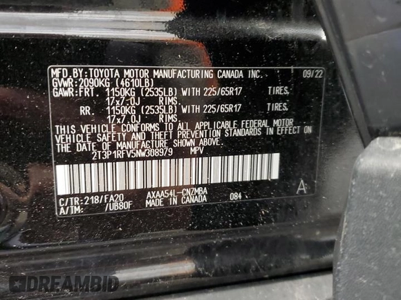 2022 Toyota RAV4 XLE with VIN 2T3P1RFV5NW308979, listed as a Copart auction lot 60346855 with 27,626 mi miles and Salvage title. Bid and sale history available at DreamBid. Image 13.