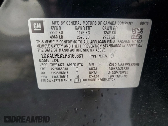 2017 GMC Terrain SLT z VIN 2GKALPEK2H6160631, wystawiony jako Copart lot #48257935 z przebiegiem 146 458 mil mil oraz Szkoda całkowita • Salvage title. Historia ofert i sprzedaży dostępna na DreamBid. Obrazek 13.