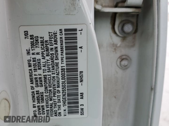 2003 Honda Civic z VIN 1HGEN26503L000381, wystawiony jako Copart lot #47497295 z przebiegiem 103 341 mil mil oraz Szkoda całkowita • Salvage title. Historia ofert i sprzedaży dostępna na DreamBid. Obrazek 12.