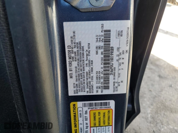 2019 Ford Fusion S with VIN 3FA6P0G71KR199089, listed as a Copart auction lot 46872075 with 85,472 mi miles and Salvage Title. Bid and sale history available at DreamBid. Image 15.