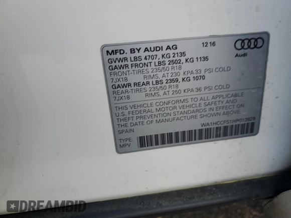 2017 Audi Q3 Premium Plus with VIN WA1HCCFS1HR013829, listed as a Copart auction lot 52827765 with 138,354 mi miles and Clean title. Bid and sale history available at DreamBid. Image 12.