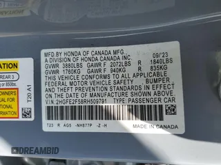 2024 Honda Civic Sedan Sport with VIN 2HGFE2F58RH509791, listed as a Copart auction lot 68592024 with 12,640 mi miles and Salvage Title. Bid and sale history available at carsss.com. Image 14.
