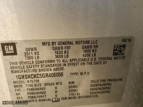 2016 Chevrolet Tahoe LTZ with VIN 1GNSKCKC5GR406056, listed as a Copart auction lot 48357515 with 0 mi miles and Salvage Title. Bid and sale history available at carsss.com. Image 14.