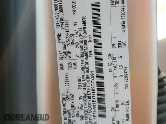 2017 Ford F-150 XL with VIN 1FTEW1EG7HKC72691, listed as a Copart auction lot 59141325 with 157,985 mi miles and Salvage title. Bid and sale history available at DreamBid. Image 12.
