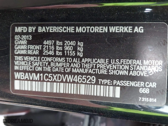 2013 BMW X1 28i with VIN WBAVM1C5XDVW46529, listed as a IAAI auction lot 41975148 with 156,968 mi miles. Bid and sale history available at carsss.com. Image 9.