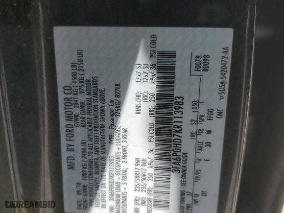 2019 Ford Fusion SE with VIN 3FA6P0HD7KR113983, listed as a Copart auction lot 49660695 with 175,036 mi miles and Salvage Title. Bid and sale history available at carsss.com. Image 12.