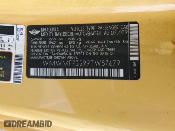 2009 MINI Hardtop S with VIN WMWMF73599TW87679, listed as a Copart auction lot 46863725 with 102,976 mi miles and Salvage title. Bid and sale history available at DreamBid. Image 12.