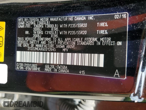 2016 Lexus RX 350 with VIN 2T2ZZMCAXGC012645, listed as a Copart auction lot 56951105 with 149,149 mi miles and Salvage title. Bid and sale history available at DreamBid. Image 13.