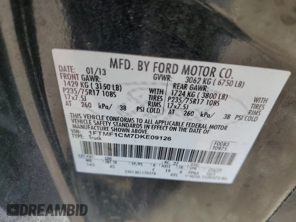 2013 Ford F-150 XL with VIN 1FTMF1CM7DKE09126, listed as a Copart auction lot 51911165 with 97,367 mi miles and Salvage Title. Bid and sale history available at carsss.com. Image 12.