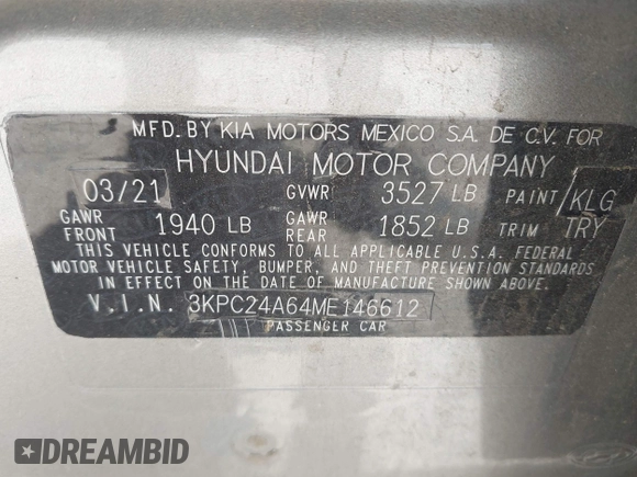 2021 Hyundai Accent SE with VIN 3KPC24A64ME146612, listed as a IAAI auction lot 42546348 with 79,792 mi miles and . Bid and sale history available at DreamBid. Image 9.