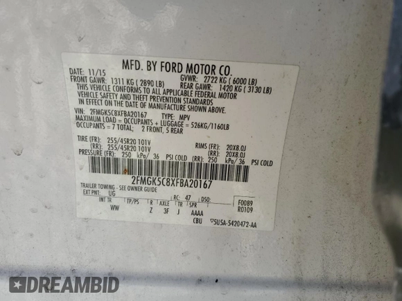 2015 Ford Flex SEL with VIN 2FMGK5C8XFBA20167, listed as a Copart auction lot 48241645 with 160,999 mi miles and Salvage Title. Bid and sale history available at carsss.com. Image 13.
