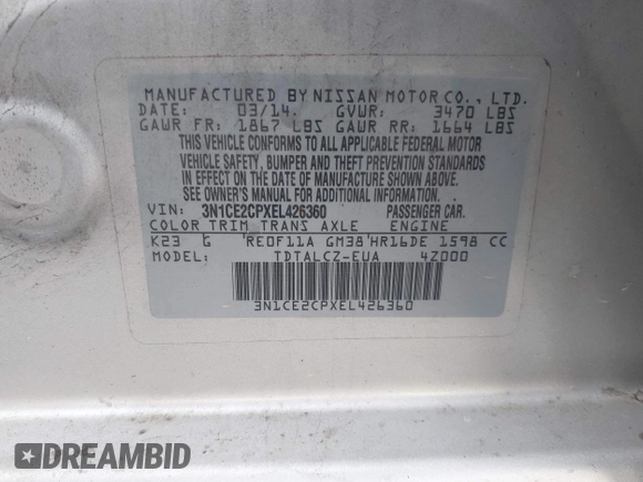 2014 Nissan Note S Plus z VIN 3N1CE2CPXEL426360, wystawiony jako IAAI lot #41875774 z przebiegiem 195 083 mil mil oraz . Historia ofert i sprzedaży dostępna na DreamBid. Obrazek 9.