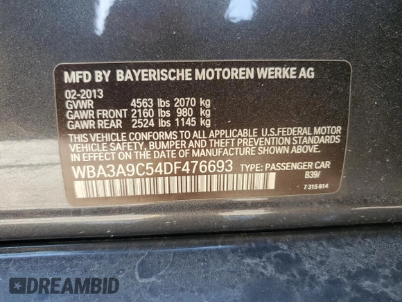 2013 BMW 3 Series 335i with VIN WBA3A9C54DF476693, listed as a Copart auction lot 49391215 with 139,651 mi miles and Salvage Title. Bid and sale history available at carsss.com. Image 12.