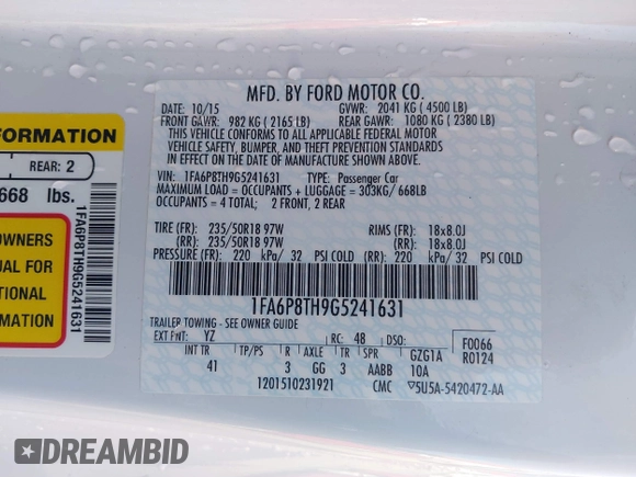 2016 Ford Mustang EcoBoost with VIN 1FA6P8TH9G5241631, listed as a IAAI auction lot 42313352 with 62,090 mi miles and . Bid and sale history available at DreamBid. Image 9.