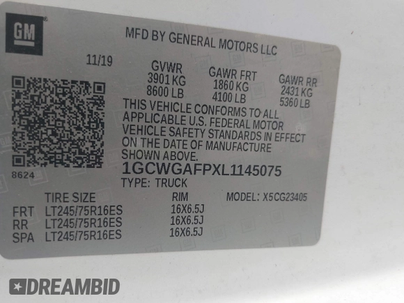 2020 Chevrolet Express Cargo with VIN 1GCWGAFPXL1145075, listed as a IAAI auction lot 41215528 with 115,466 mi miles and . Bid and sale history available at DreamBid. Image 9.