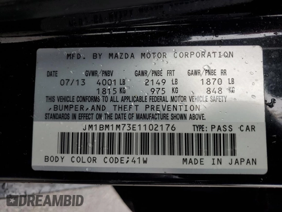 2014 Mazda 3 i Grand Touring with VIN JM1BM1M73E1102176, listed as a Copart auction lot 46991395 with 45,588 mi miles and Non Repairable. Bid and sale history available at DreamBid. Image 12.