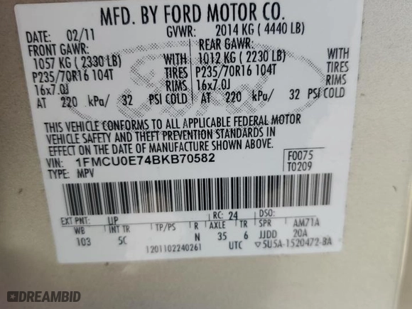 2011 Ford Escape Limited with VIN 1FMCU0E74BKB70582, listed as a Copart auction lot 48523755 with 106,925 mi miles and Salvage Title. Bid and sale history available at carsss.com. Image 13.